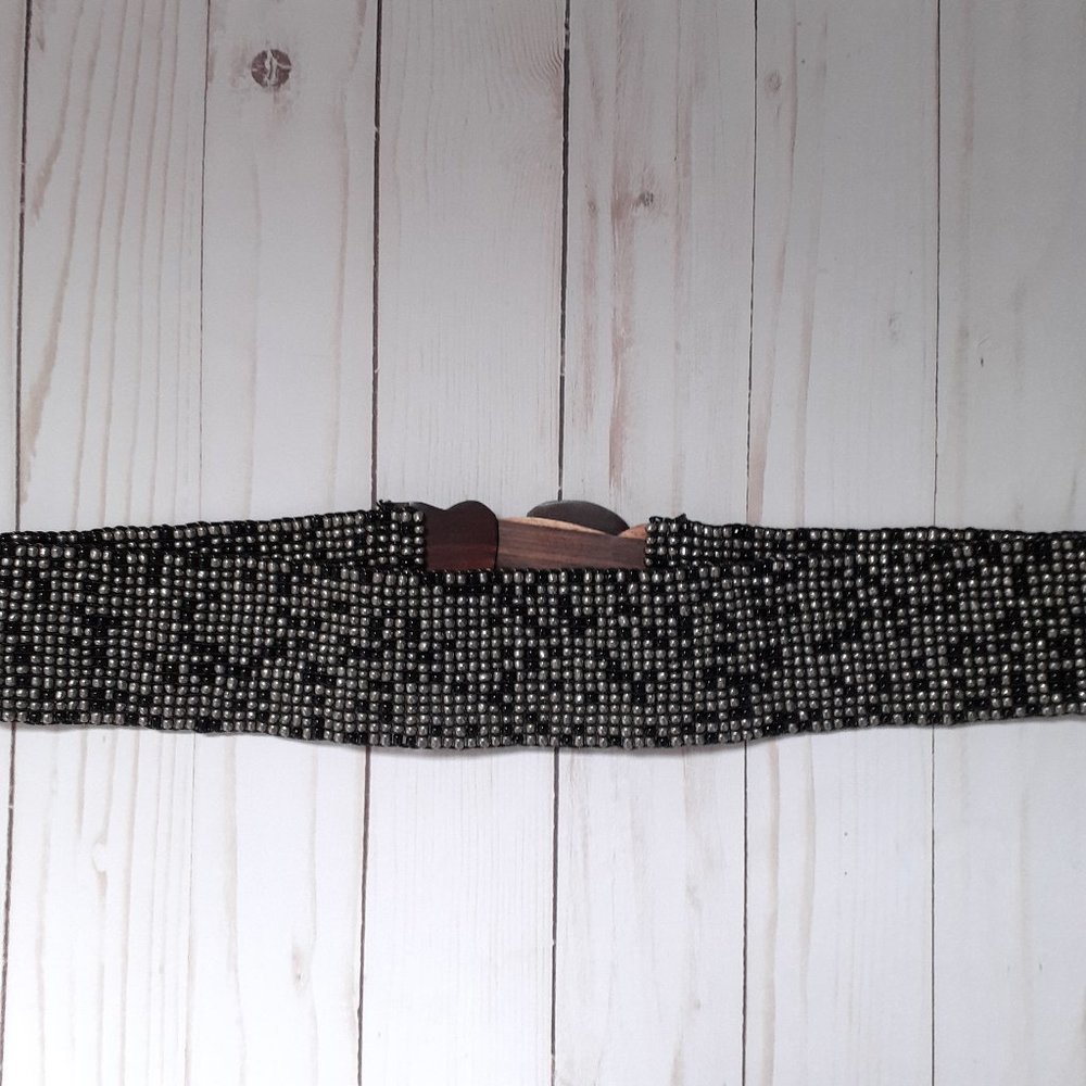 Beaded Wood Stretch Wide Belt Boho Bohemian Artisan Brown Black Gray - Picture 5 of 8